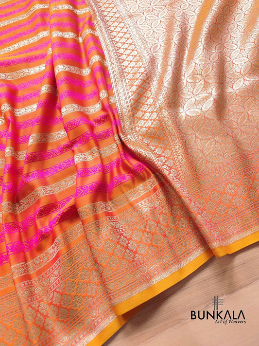 Pink and Orange Two Tone Color Mashru Silk Striped Design Jamewar Weaved Banarasi Saree