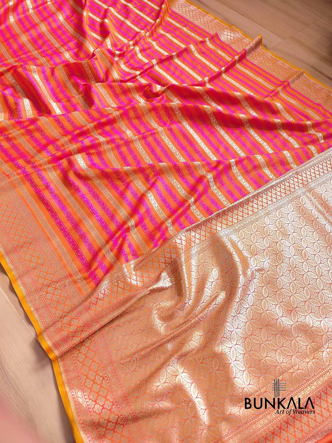 Pink and Orange Two Tone Color Mashru Silk Striped Design Jamewar Weaved Banarasi Saree