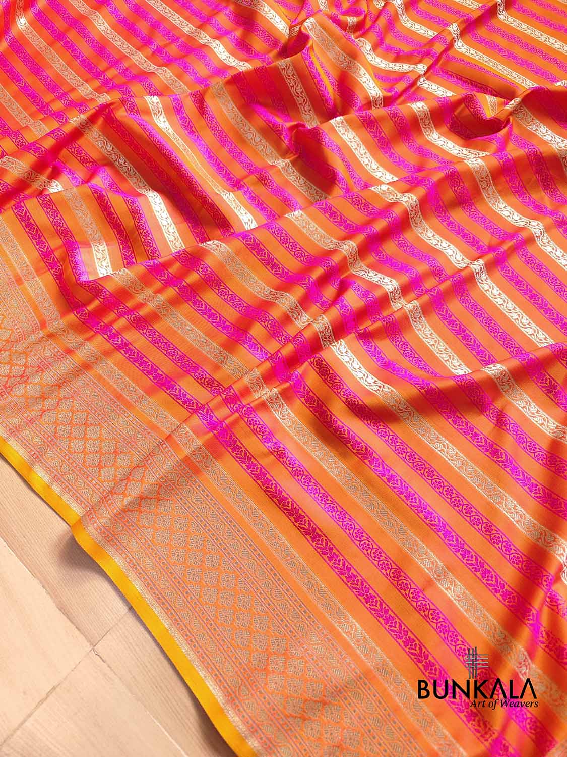 Pink and Orange Two Tone Color Mashru Silk Striped Design Jamewar Weaved Banarasi Saree