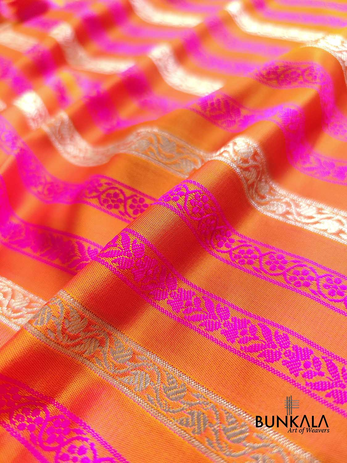 Pink and Orange Two Tone Color Mashru Silk Striped Design Jamewar Weaved Banarasi Saree