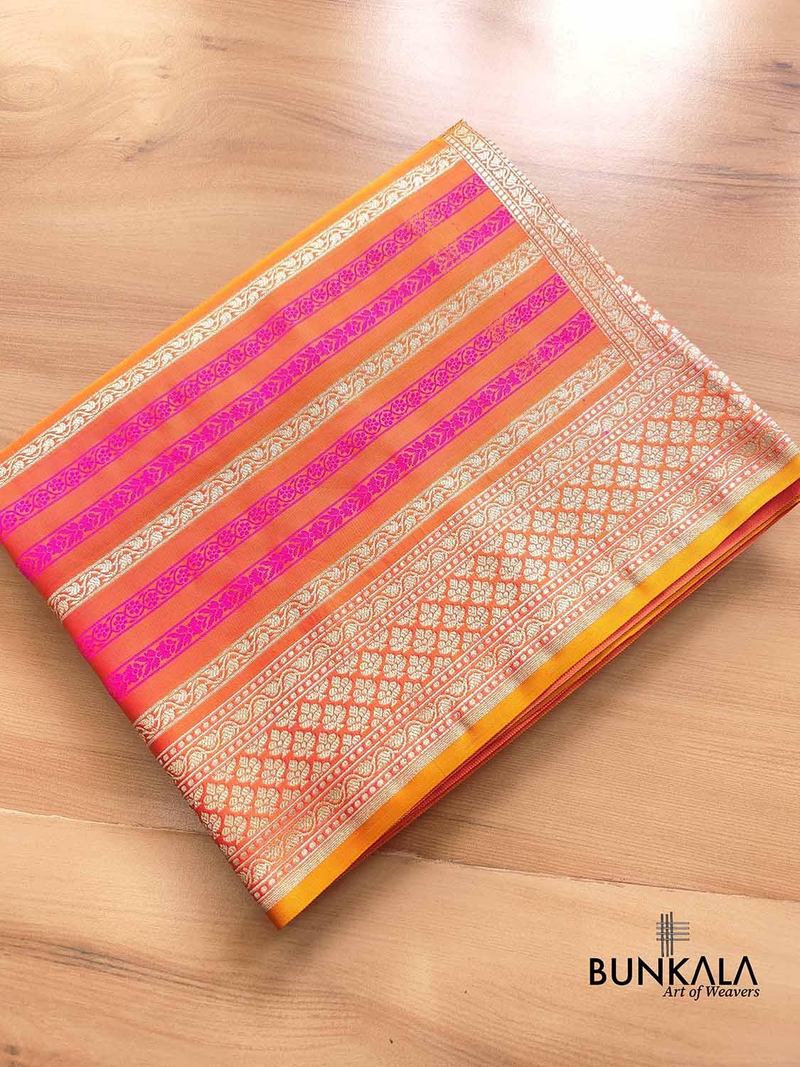 Pink and Orange Two Tone Color Mashru Silk Striped Design Jamewar Weaved Banarasi Saree