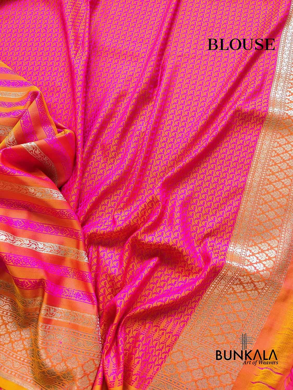 Pink and Orange Two Tone Color Mashru Silk Striped Design Jamewar Weaved Banarasi Saree