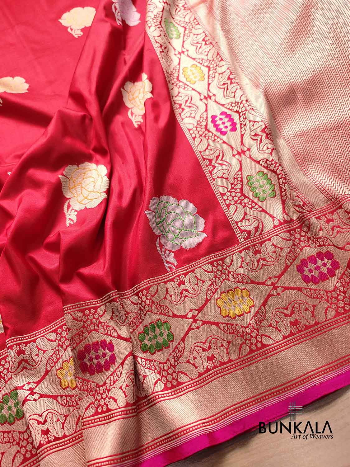 Bridal Red Pure Katan Silk Meenakari Rose Design Buta Handloom Banarasi Saree