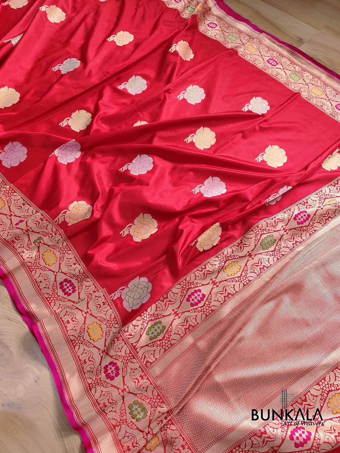 Bridal Red Pure Katan Silk Meenakari Rose Design Buta Handloom Banarasi Saree