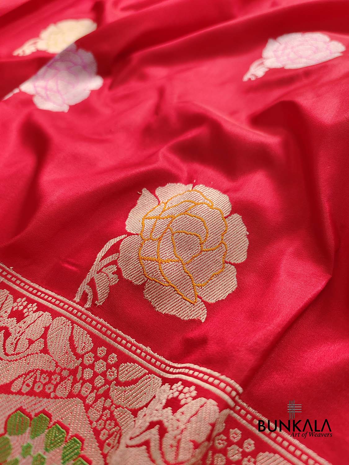 Bridal Red Pure Katan Silk Meenakari Rose Design Buta Handloom Banarasi Saree