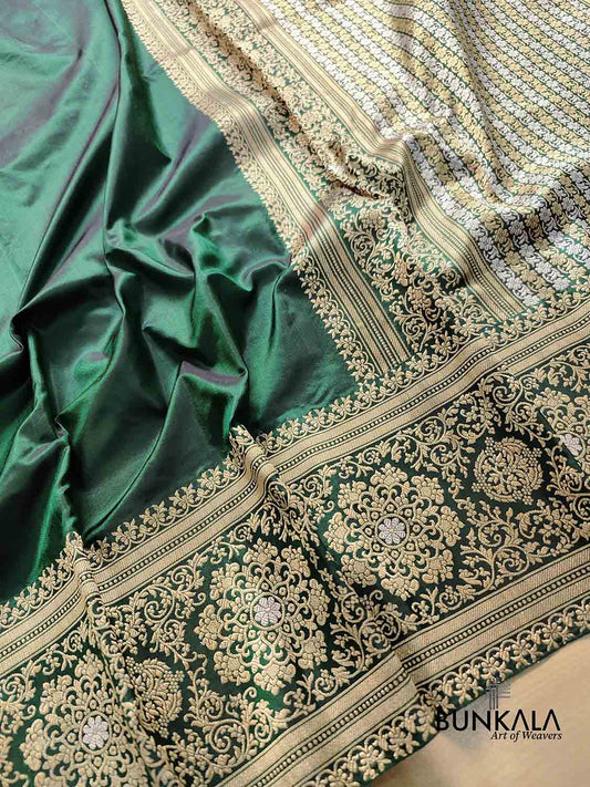 Bottle Green Pure Katan Silk Plain Double Tana Banarasi Saree with Kadwa Handweaved Sona Rupa Border