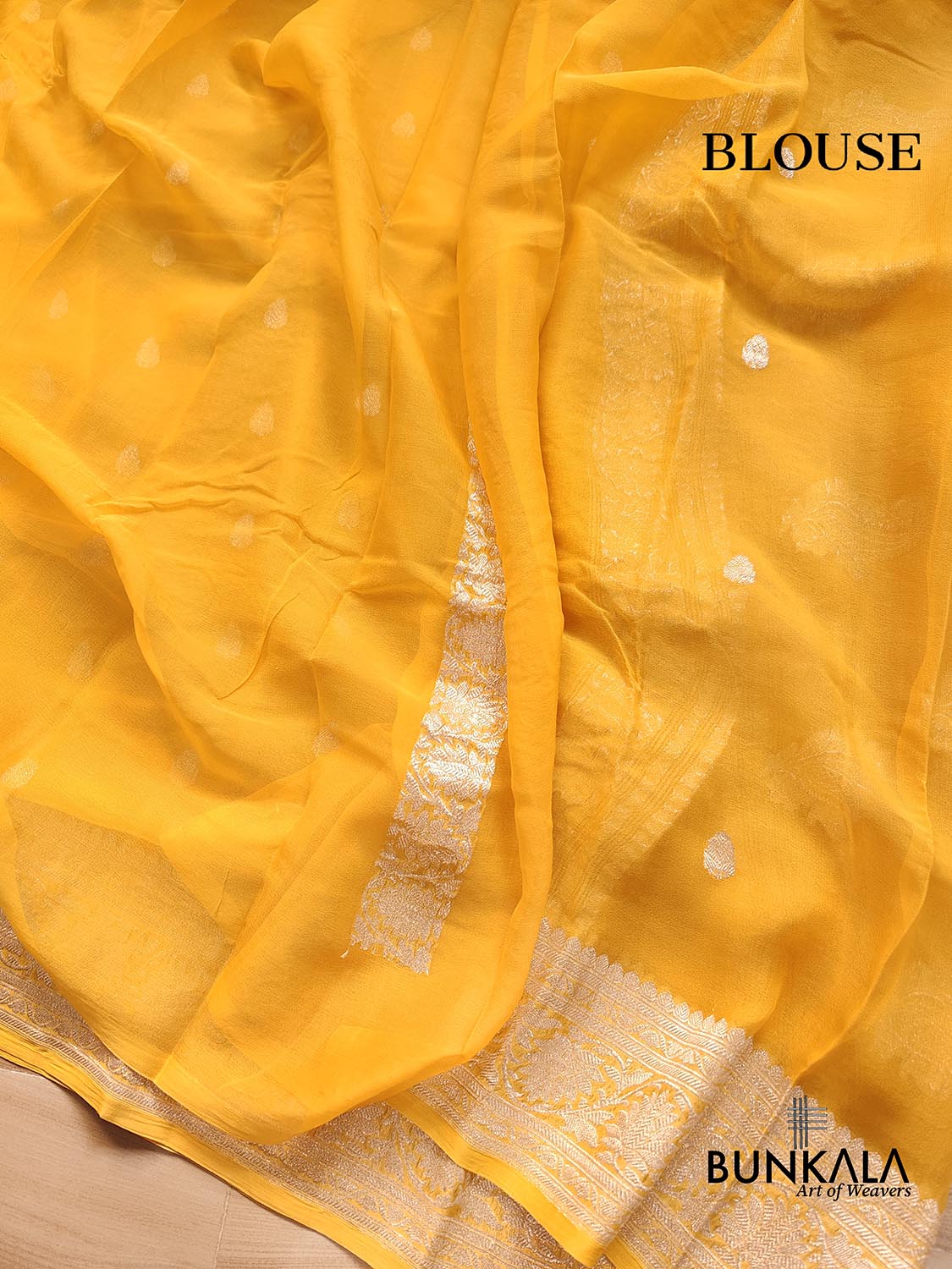 Yellow Pure Khaddi Chiffon Allover Silver Zari Buti Handloom Banarasi Saree