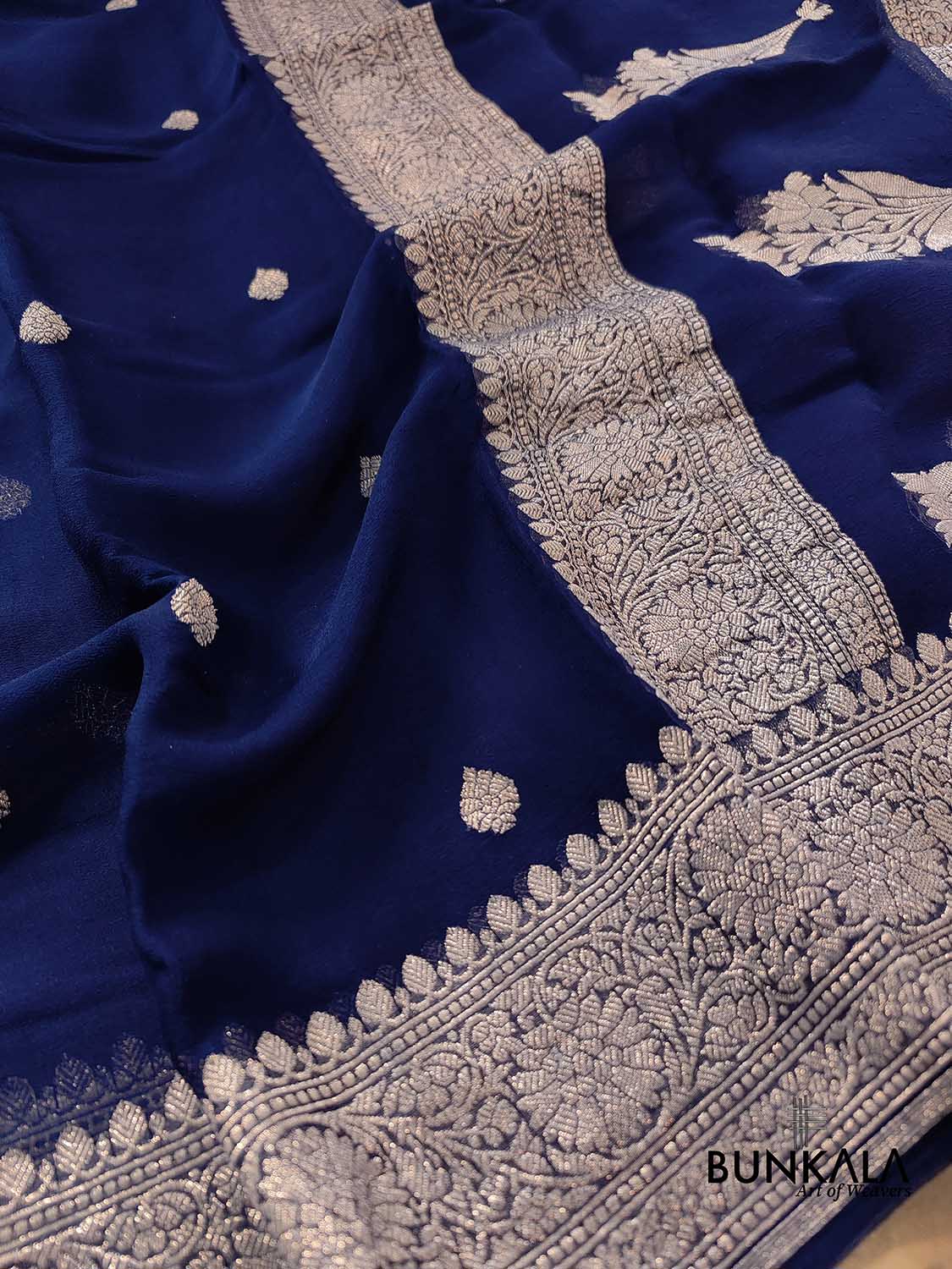 Dark Blue Pure Khaddi Chiffon Allover Silver Zari Buti Handloom Banarasi Saree