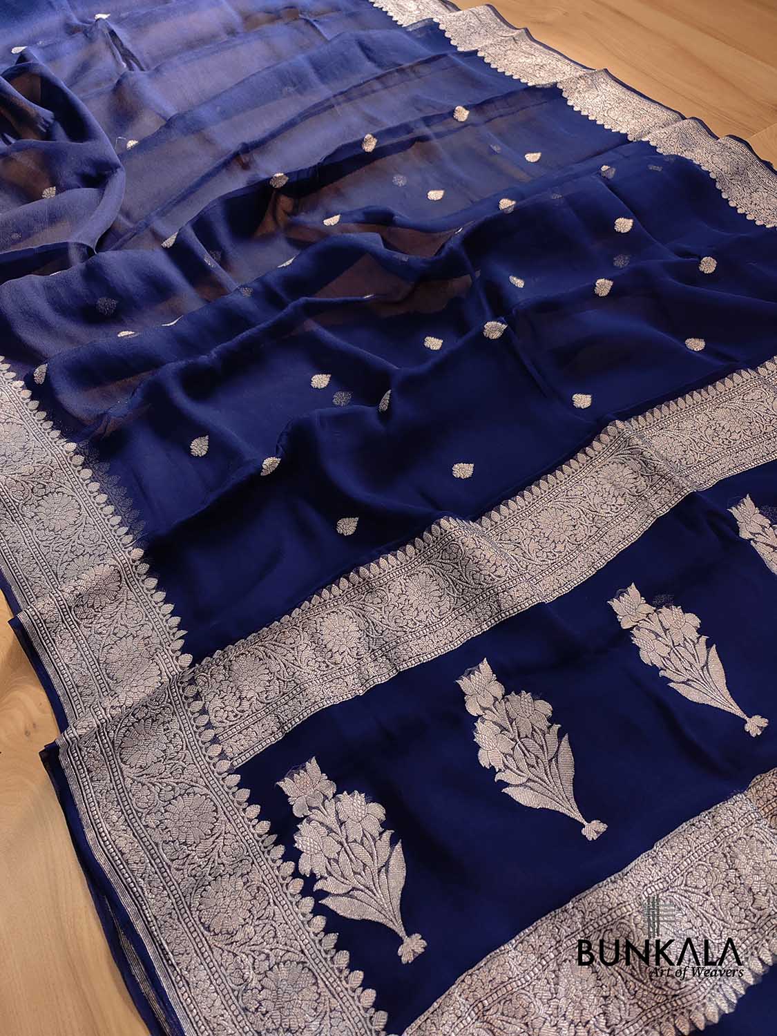 Dark Blue Pure Khaddi Chiffon Allover Silver Zari Buti Handloom Banarasi Saree