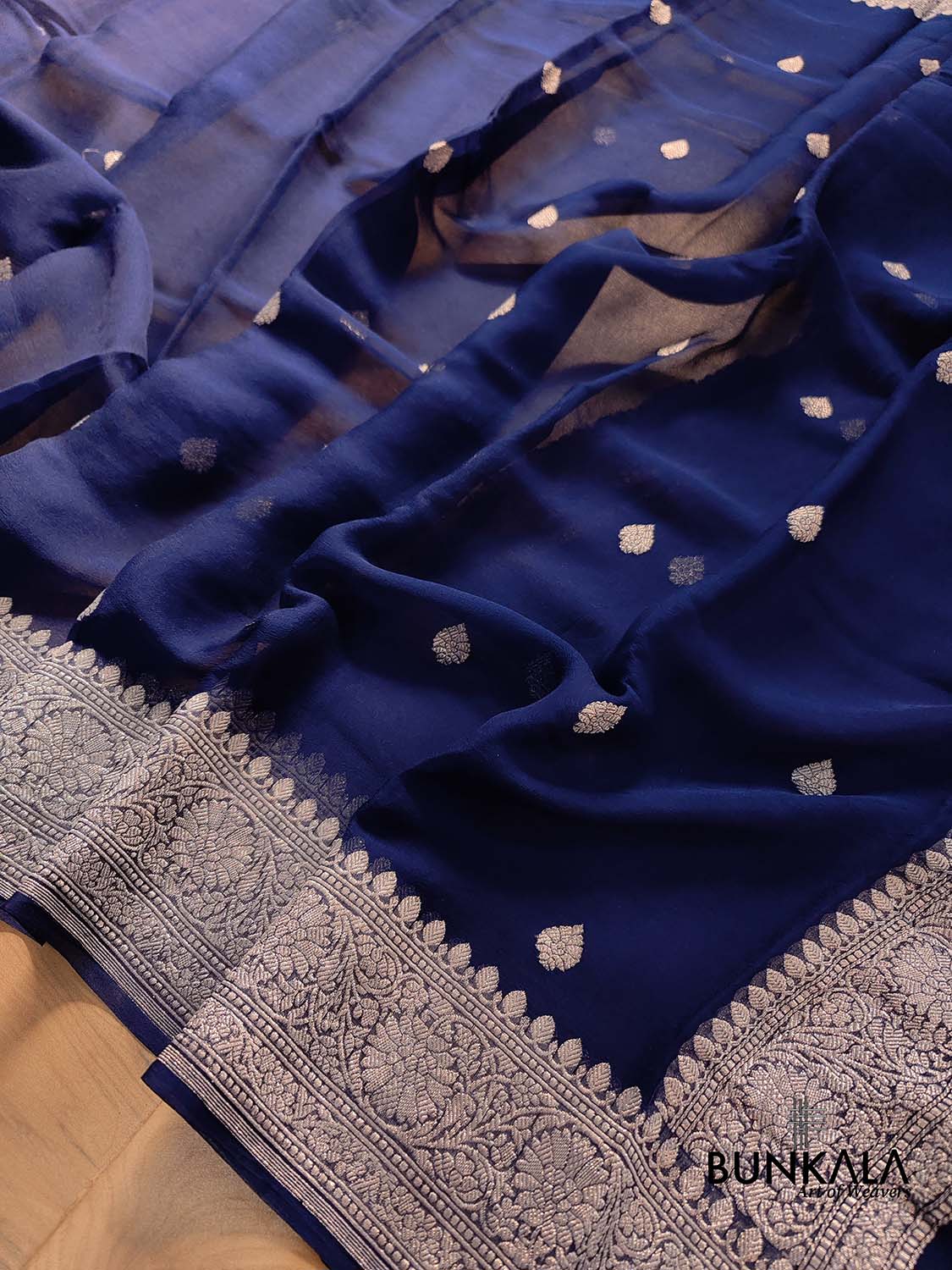 Dark Blue Pure Khaddi Chiffon Allover Silver Zari Buti Handloom Banarasi Saree