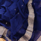 Dark Blue Pure Khaddi Chiffon Allover Silver Zari Buti Handloom Banarasi Saree