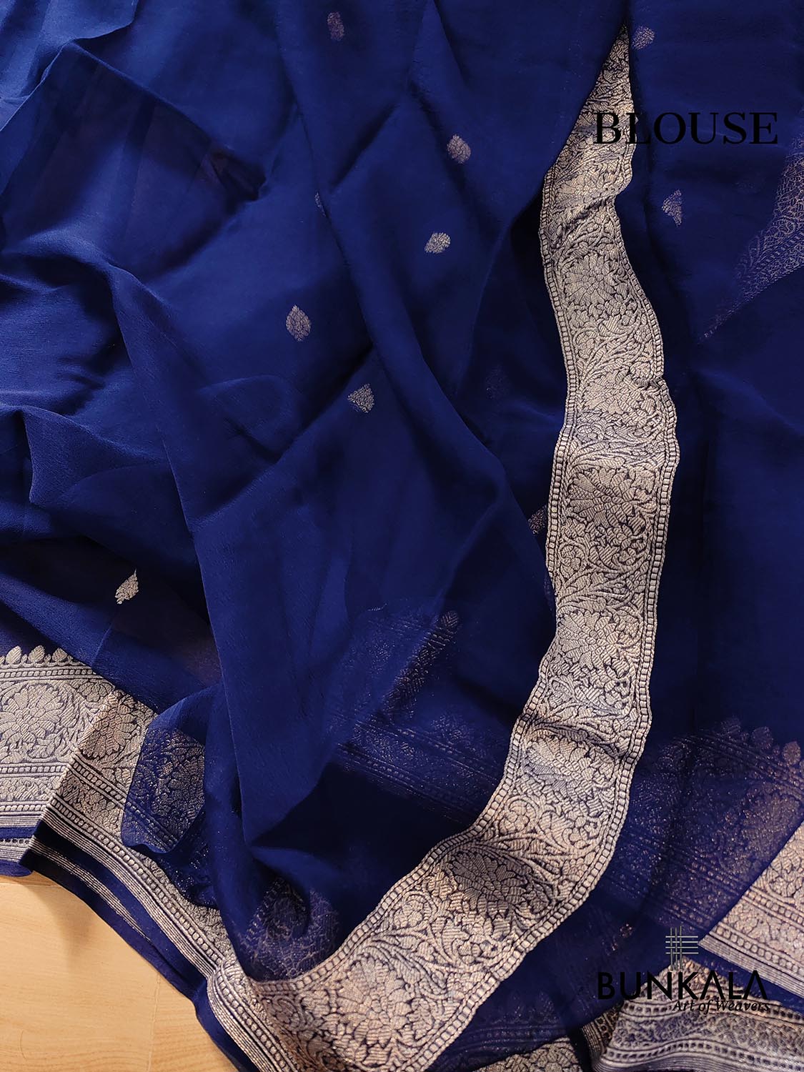 Dark Blue Pure Khaddi Chiffon Allover Silver Zari Buti Handloom Banarasi Saree