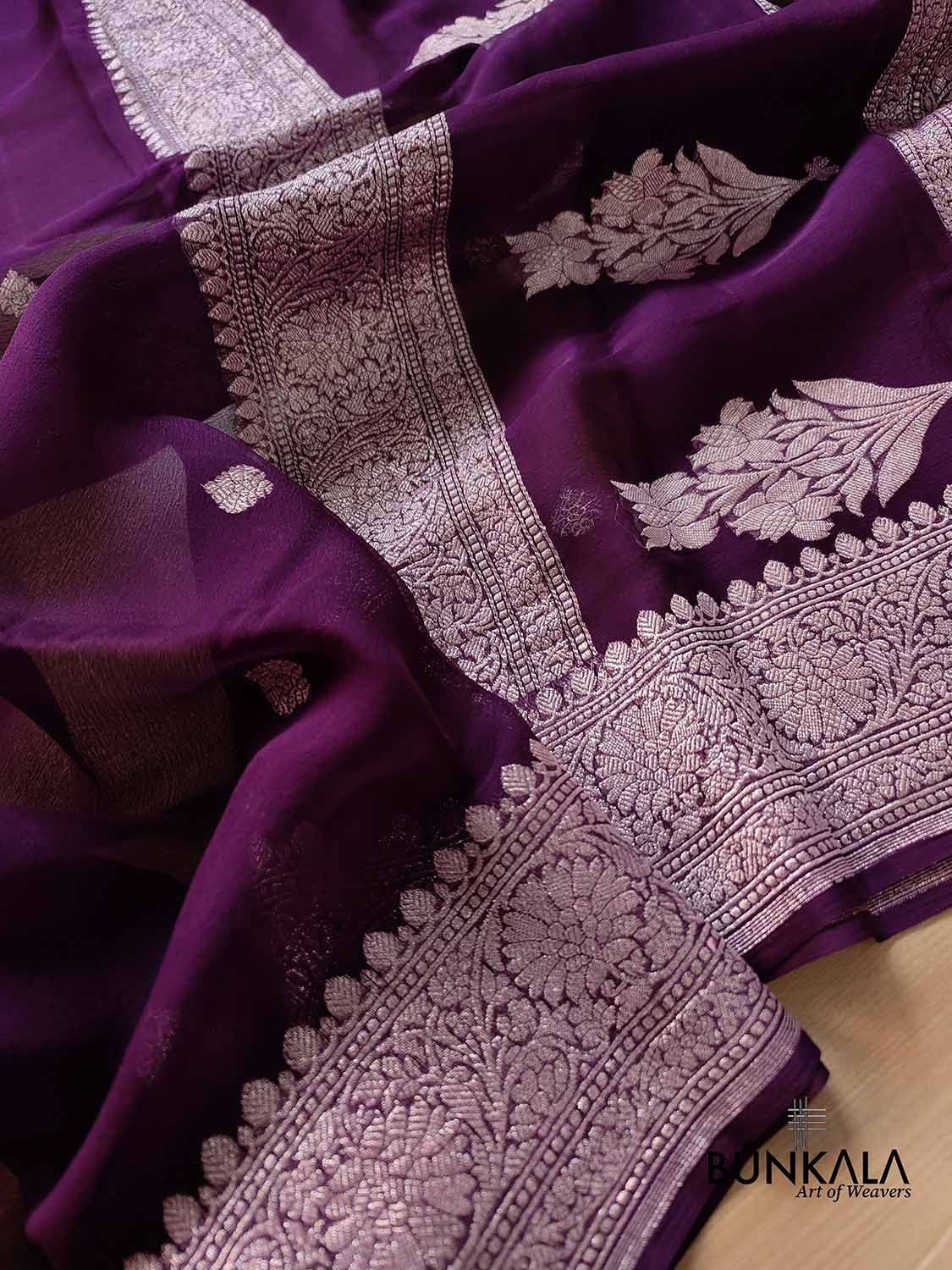 Dark Purple Pure Khaddi Chiffon Allover Silver Zari Buti Handloom Banarasi Saree