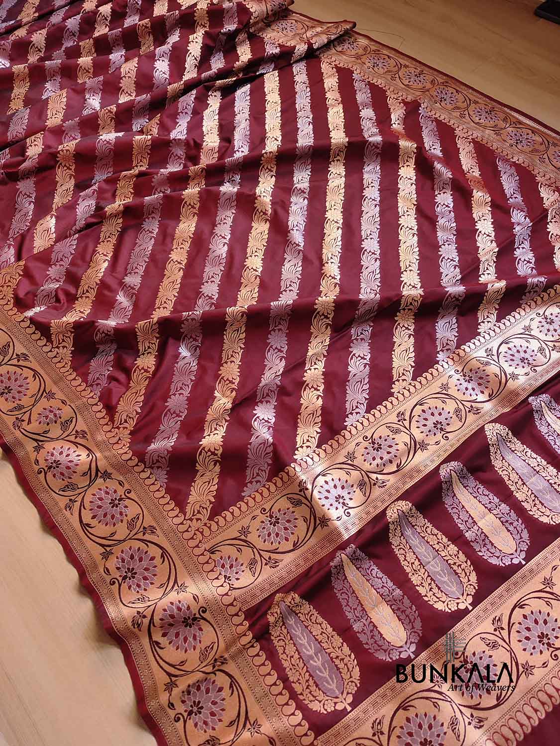 Dark Maroon Striped Design Sona Rupa Silk Banarasi Saree