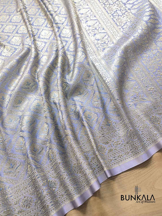 Pastel Champian Blue Mashru Silk Brocade Weaved Banarasi Saree