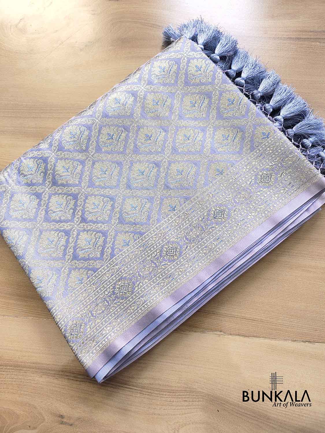 Pastel Champian Blue Mashru Silk Brocade Weaved Banarasi Saree