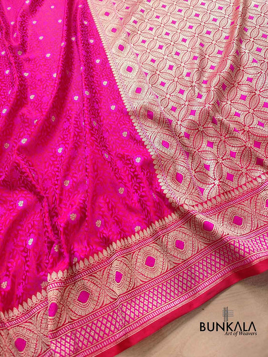 Rani Pink Mashru Silk Jamewar Weaved Floral Jaal Design Banarasi Saree