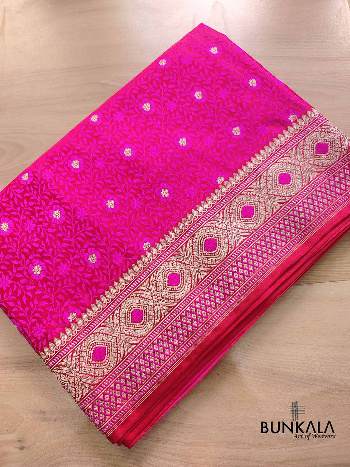 Rani Pink Mashru Silk Jamewar Weaved Floral Jaal Design Banarasi Saree