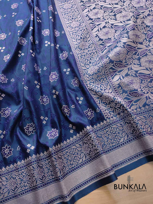 Navy Blue Mashru Silk Jamewar Weaved Floral Jaal Design Banarasi Saree