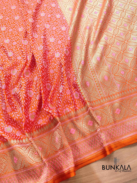 Pink and Orange Double Shaded Mashru Silk Jamewar Weaved Floral Jaal Design Banarasi Saree