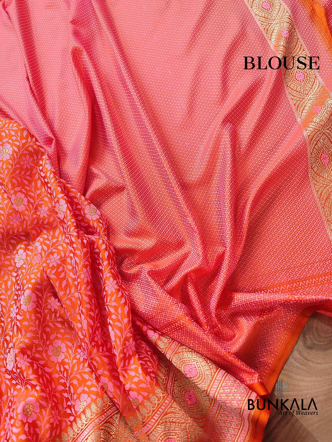 Pink and Orange Double Shaded Mashru Silk Jamewar Weaved Floral Jaal Design Banarasi Saree