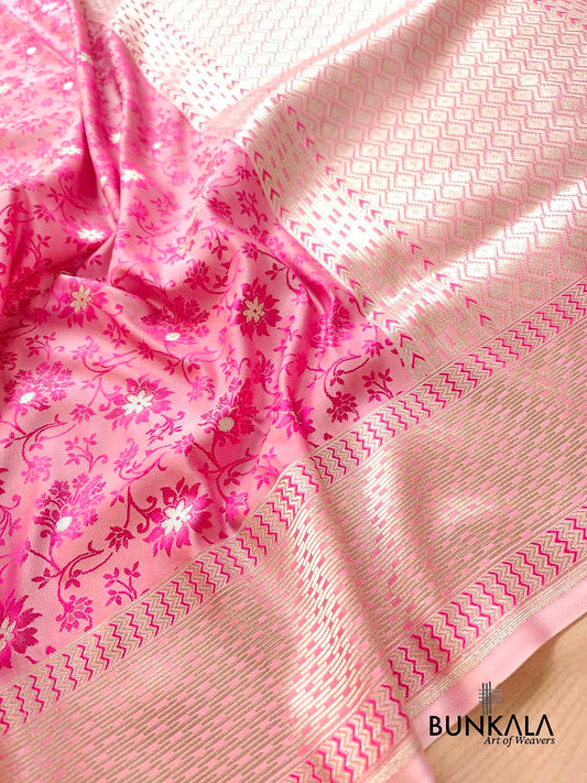 Baby Pink Mashru Silk Silver Zari Weaved Jamewar Banarasi Saree