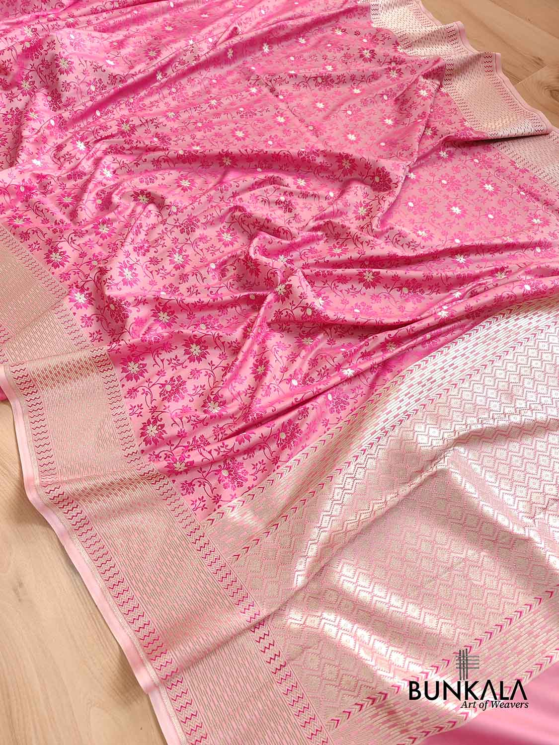 Baby Pink Mashru Silk Silver Zari Weaved Jamewar Banarasi Saree