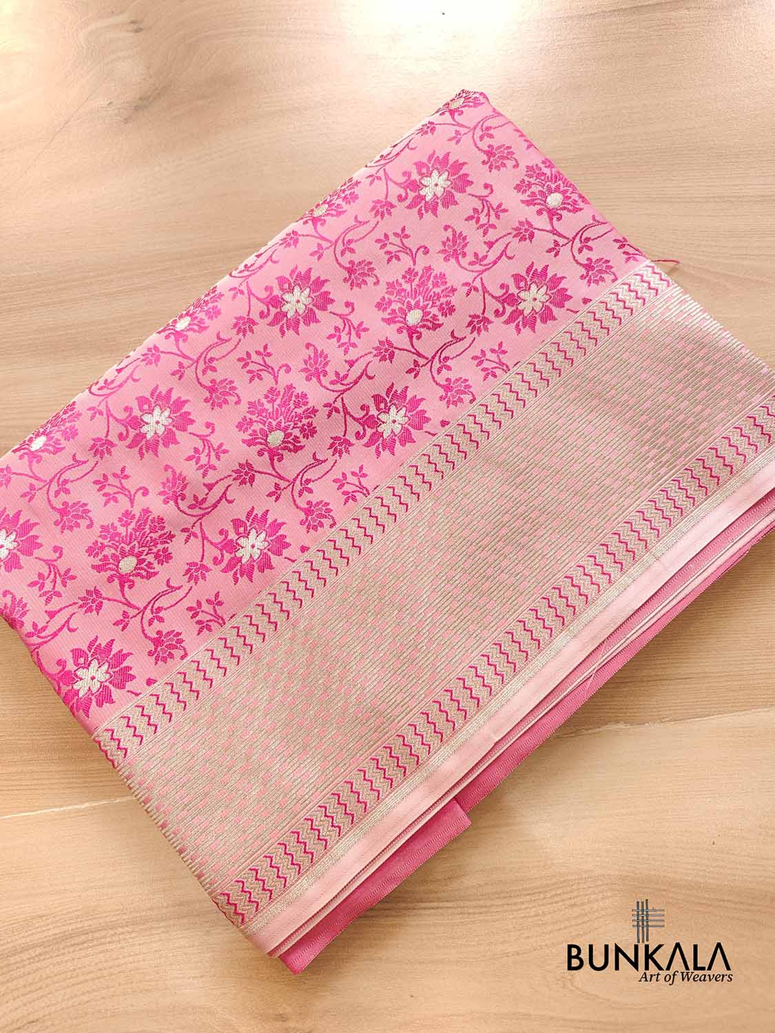 Baby Pink Mashru Silk Silver Zari Weaved Jamewar Banarasi Saree