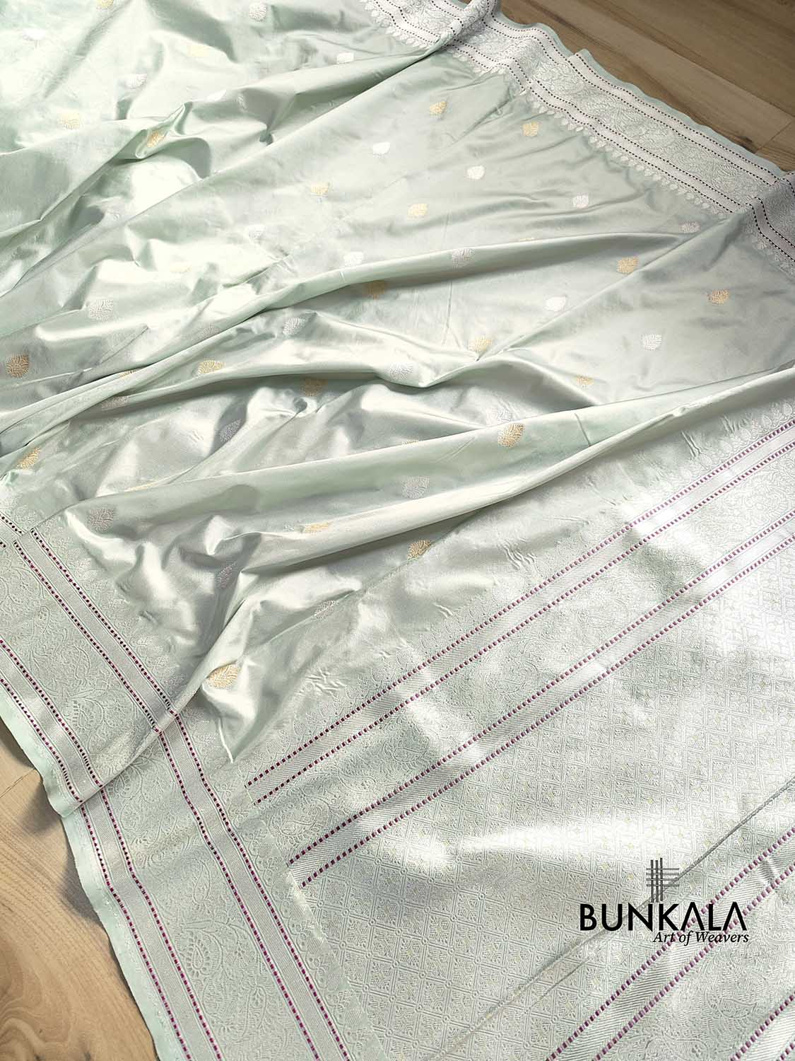 Pastel English Green Pure Katan Silk Handweaved Kadwa Allover Gold and Silver Zari Buti Banarasi Saree with Brocade Blouse
