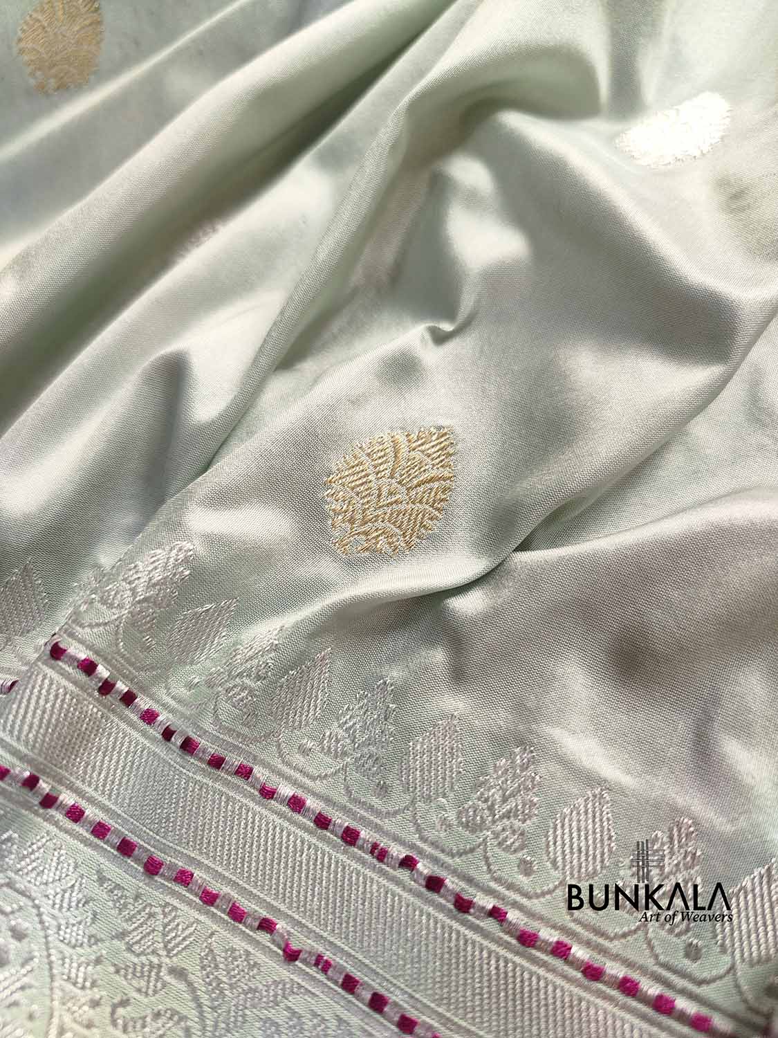 Pastel English Green Pure Katan Silk Handweaved Kadwa Allover Gold and Silver Zari Buti Banarasi Saree with Brocade Blouse