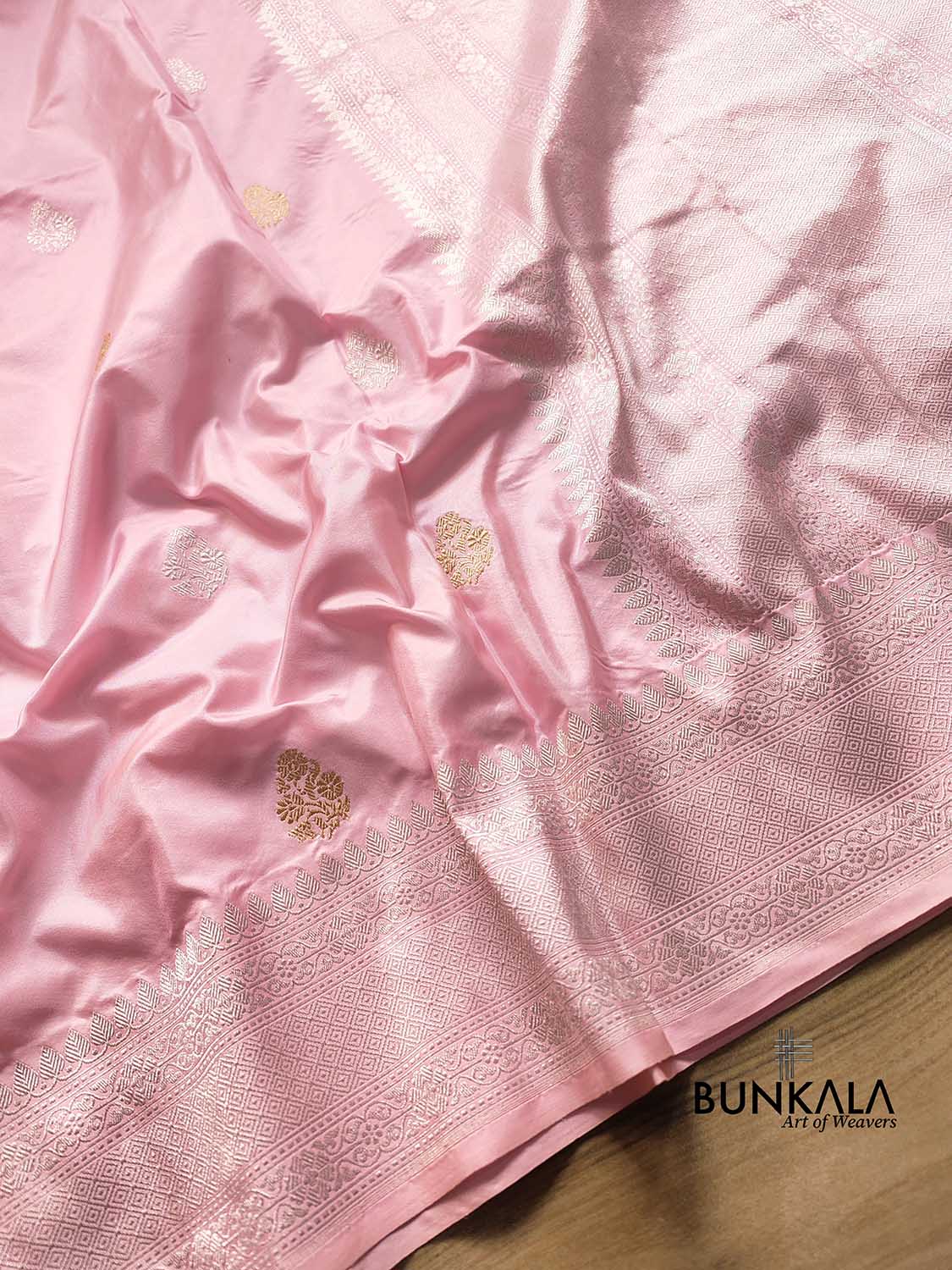 Baby Pink Pure Katan Silk Double Tana Handweaved Kadwa Allover Gold and Silver Zari Buti Banarasi Saree