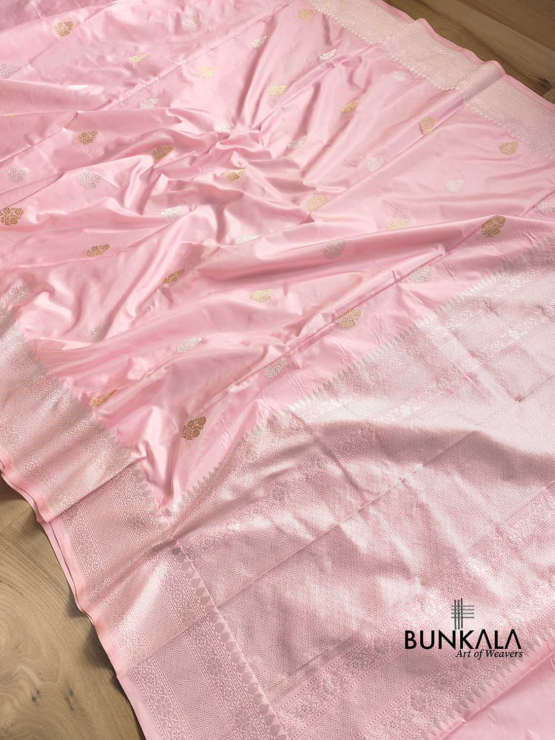 Baby Pink Pure Katan Silk Double Tana Handweaved Kadwa Allover Gold and Silver Zari Buti Banarasi Saree