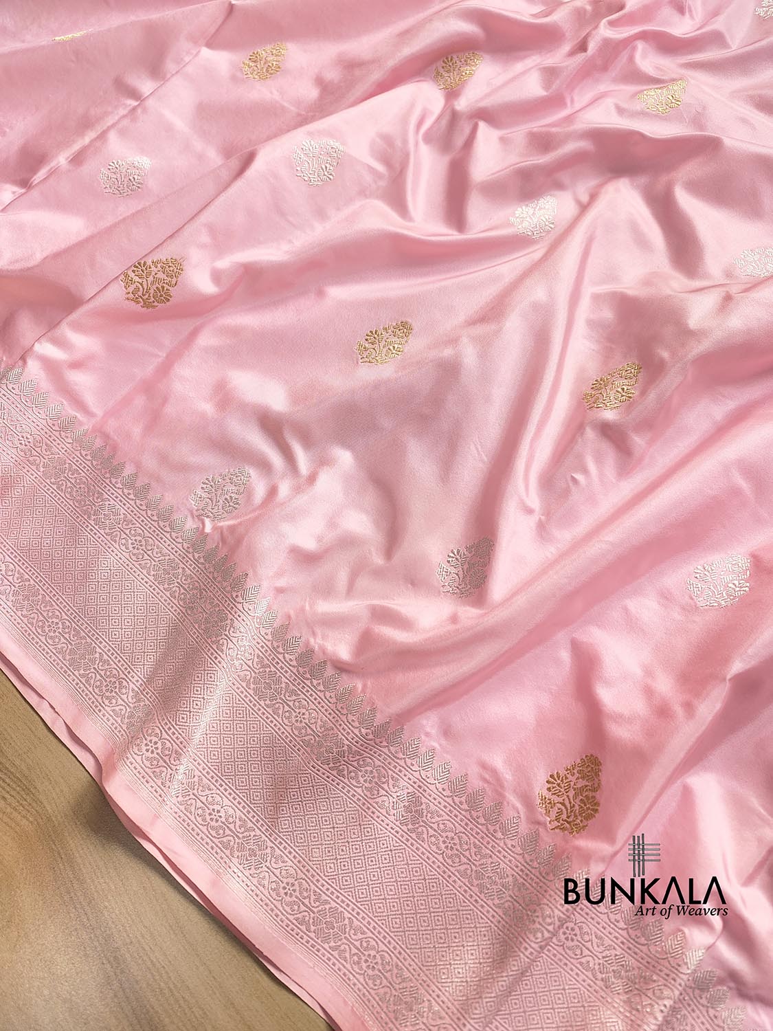 Baby Pink Pure Katan Silk Double Tana Handweaved Kadwa Allover Gold and Silver Zari Buti Banarasi Saree