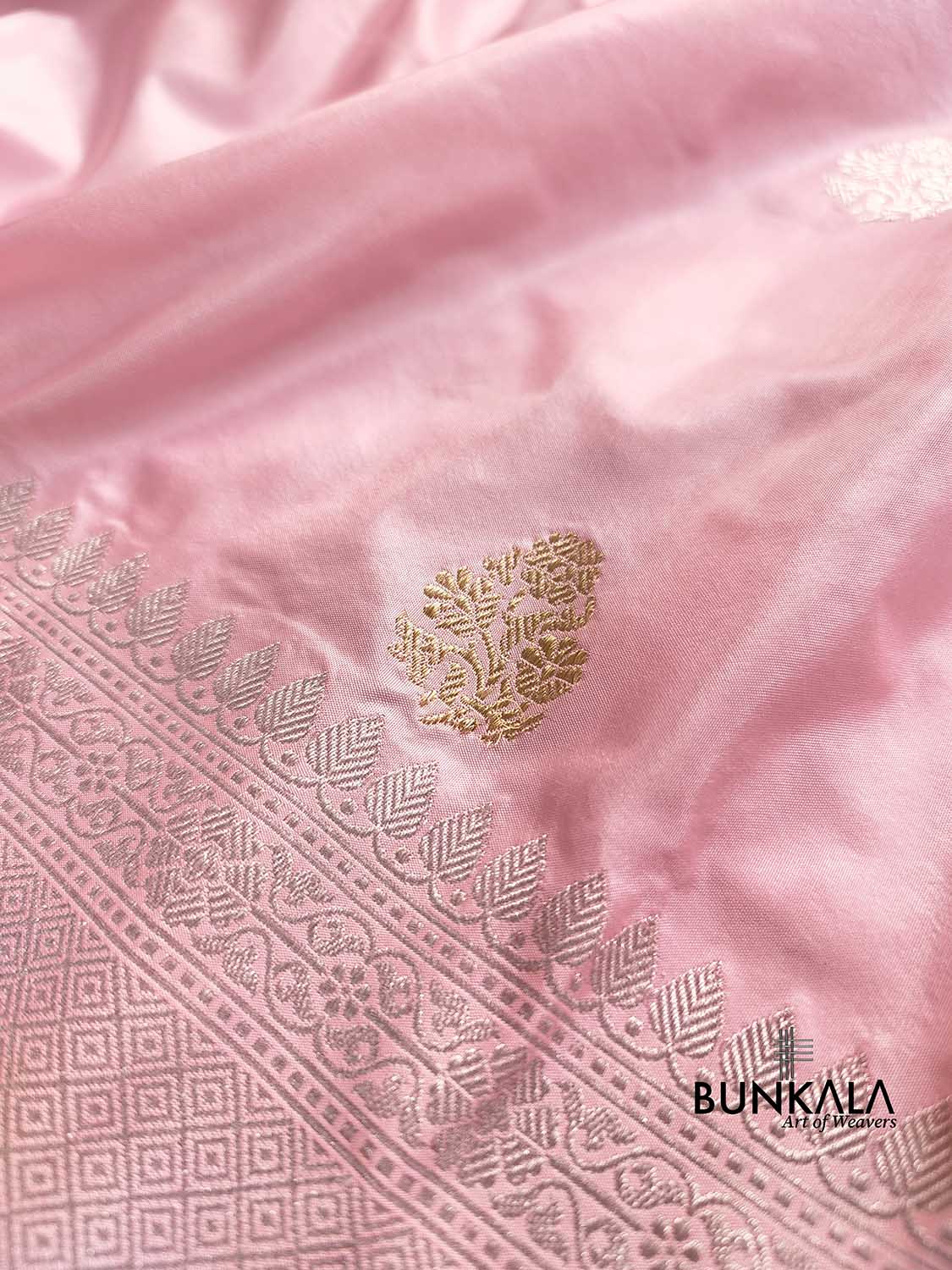 Baby Pink Pure Katan Silk Double Tana Handweaved Kadwa Allover Gold and Silver Zari Buti Banarasi Saree