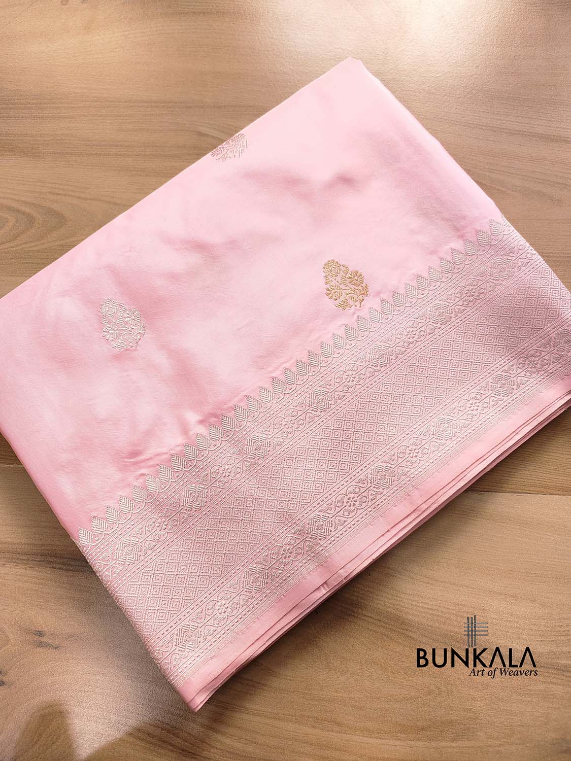 Baby Pink Pure Katan Silk Double Tana Handweaved Kadwa Allover Gold and Silver Zari Buti Banarasi Saree