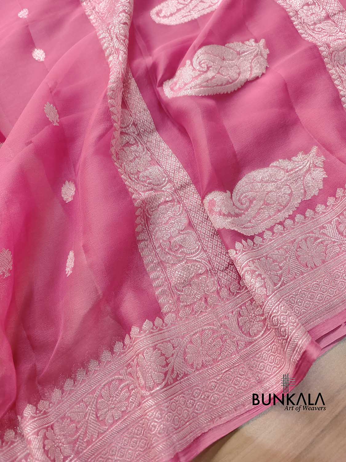 Pink Pure Khaddi Chiffon Allover Silver Zari Buti Handloom Banarasi Saree