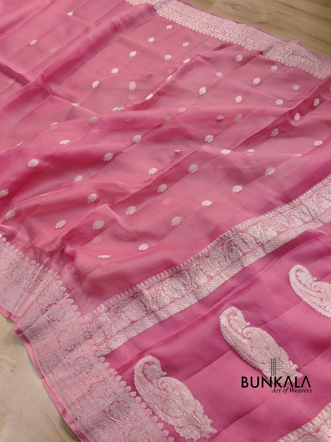 Pink Pure Khaddi Chiffon Allover Silver Zari Buti Handloom Banarasi Saree