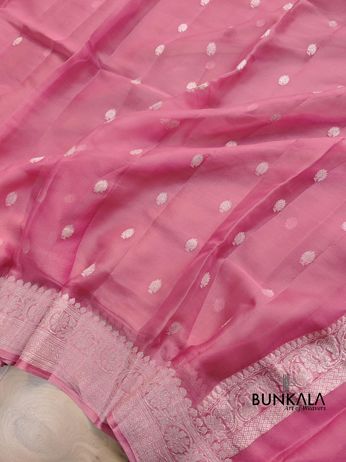 Pink Pure Khaddi Chiffon Allover Silver Zari Buti Handloom Banarasi Saree