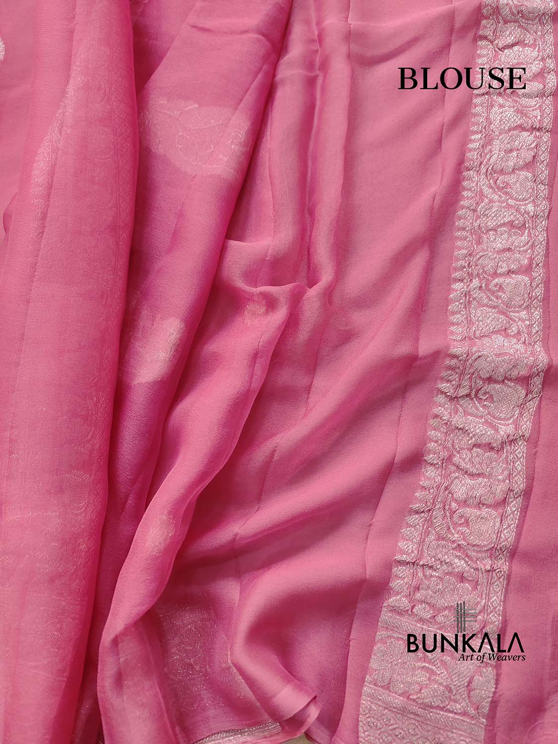 Pink Pure Khaddi Chiffon Allover Silver Zari Buti Handloom Banarasi Saree