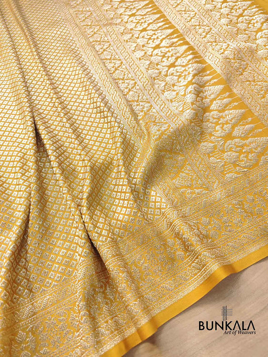 Mustard Yellow Mashru Silk Brocade Weaved Banarasi Saree