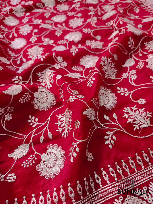 Red Banarasi Organza Silver Zari Work Floral Design Embroidery Saree
