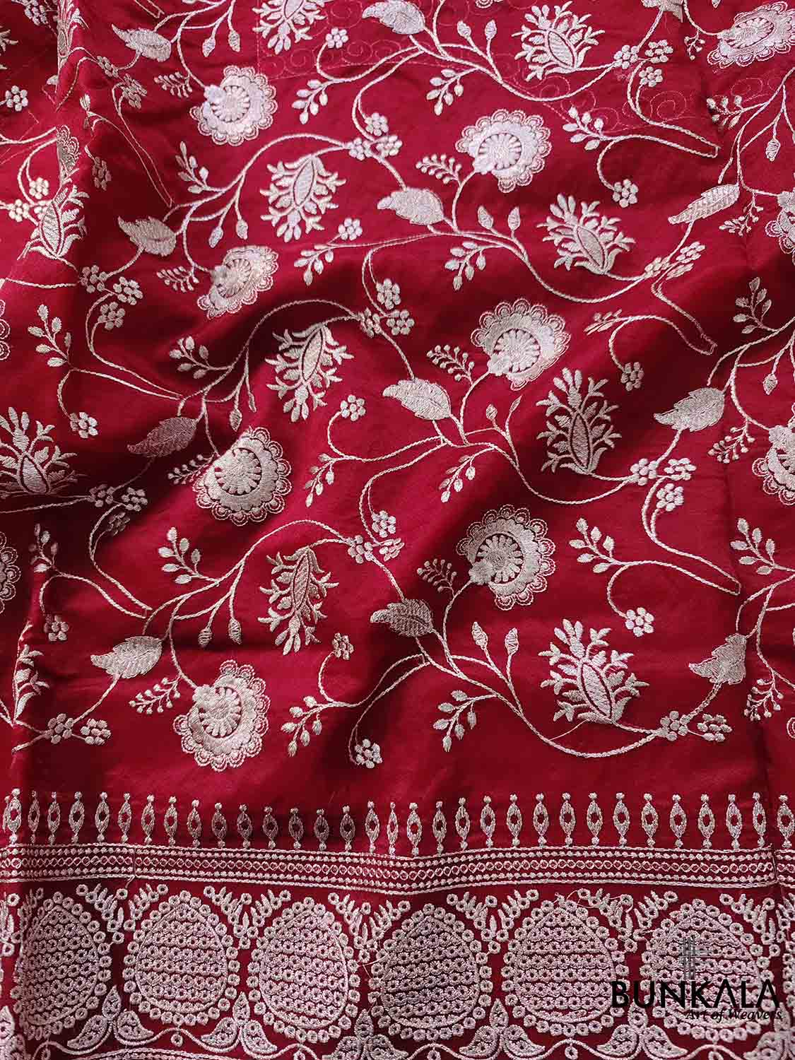 Red Banarasi Organza Silver Zari Work Floral Design Embroidery Saree