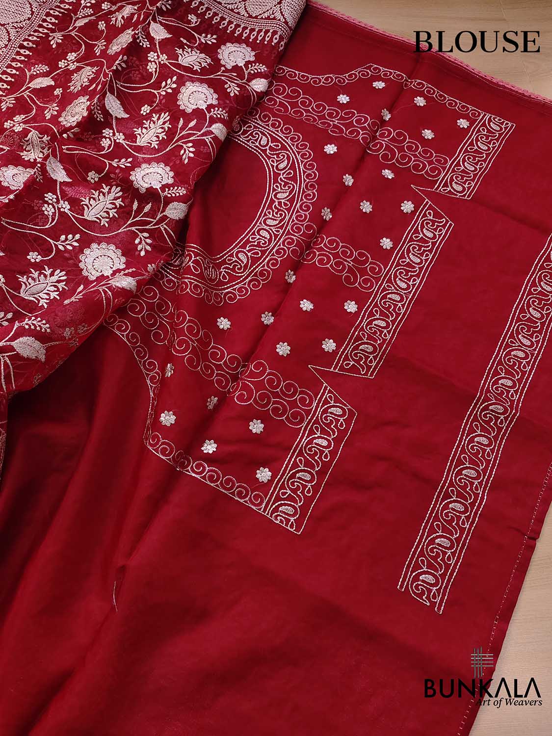 Red Banarasi Organza Silver Zari Work Floral Design Embroidery Saree