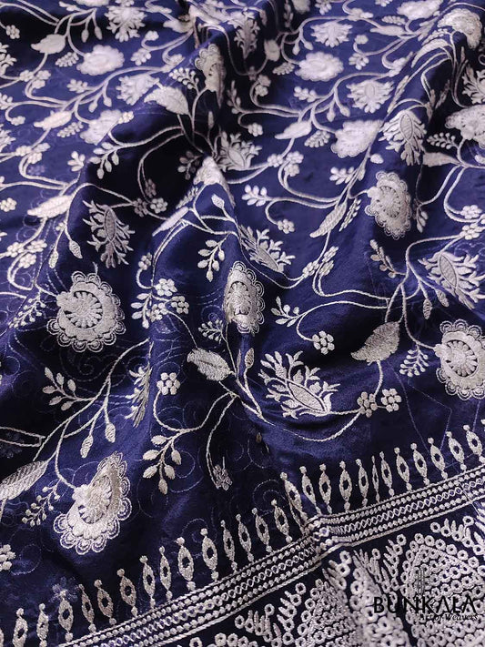 Navy Blue Banarasi Organza Silver Zari Work Floral Design Embroidery Saree