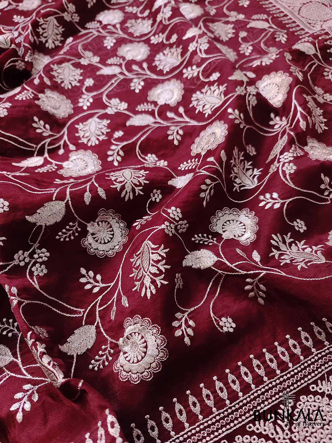 Deep Wine Banarasi Organza Silver Zari Work Floral Design Embroidery Saree