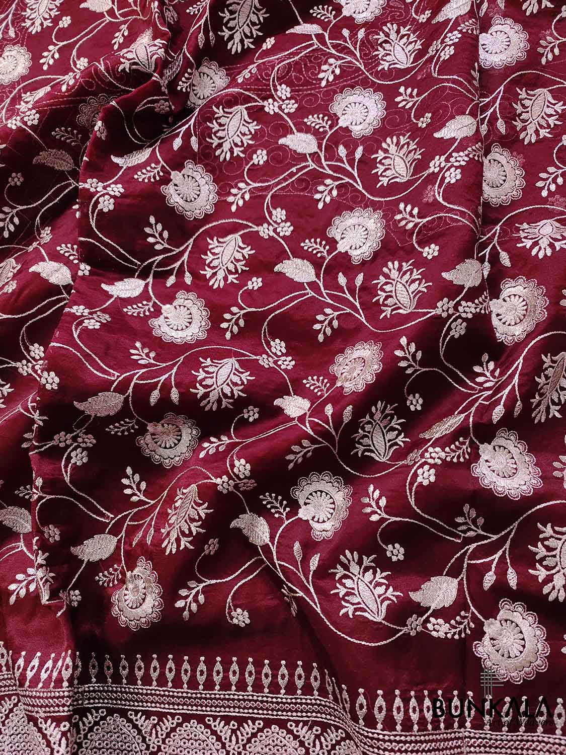Deep Wine Banarasi Organza Silver Zari Work Floral Design Embroidery Saree