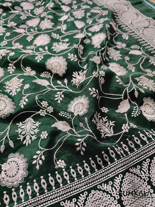 Bottle Green Banarasi Organza Silver Zari Work Floral Design Embroidery Saree
