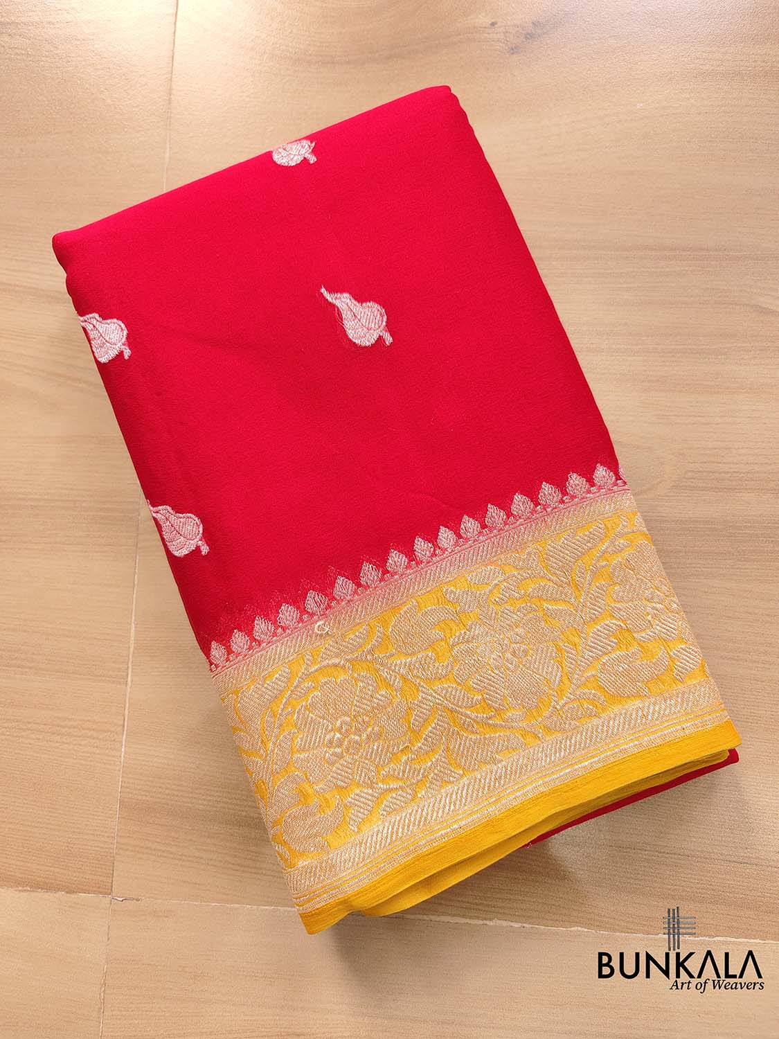 Enchanting Elegance Red Banarasi Pure Khaddi Chiffon Saree with Silver Zari Buti and Orange Contrast Border
