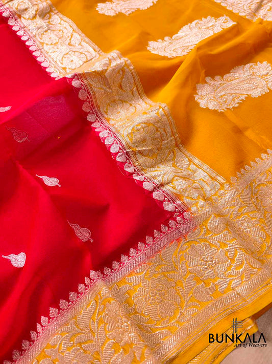 Enchanting Elegance Red Banarasi Pure Khaddi Chiffon Saree with Silver Zari Buti and Orange Contrast Border