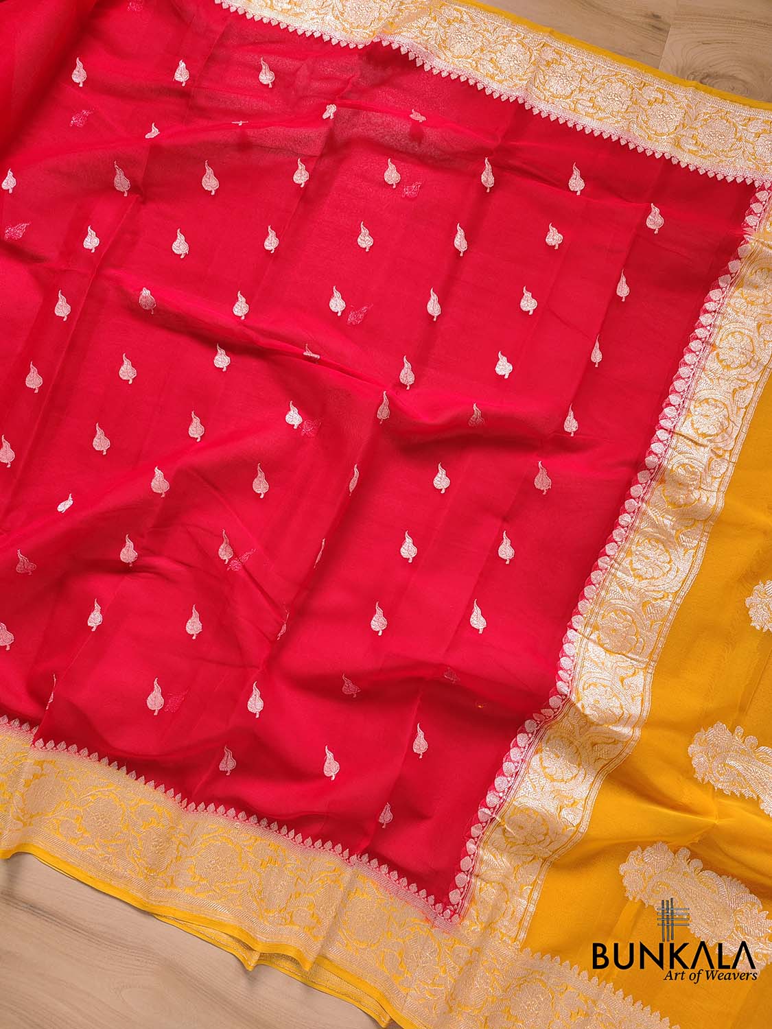 Enchanting Elegance Red Banarasi Pure Khaddi Chiffon Saree with Silver Zari Buti and Orange Contrast Border